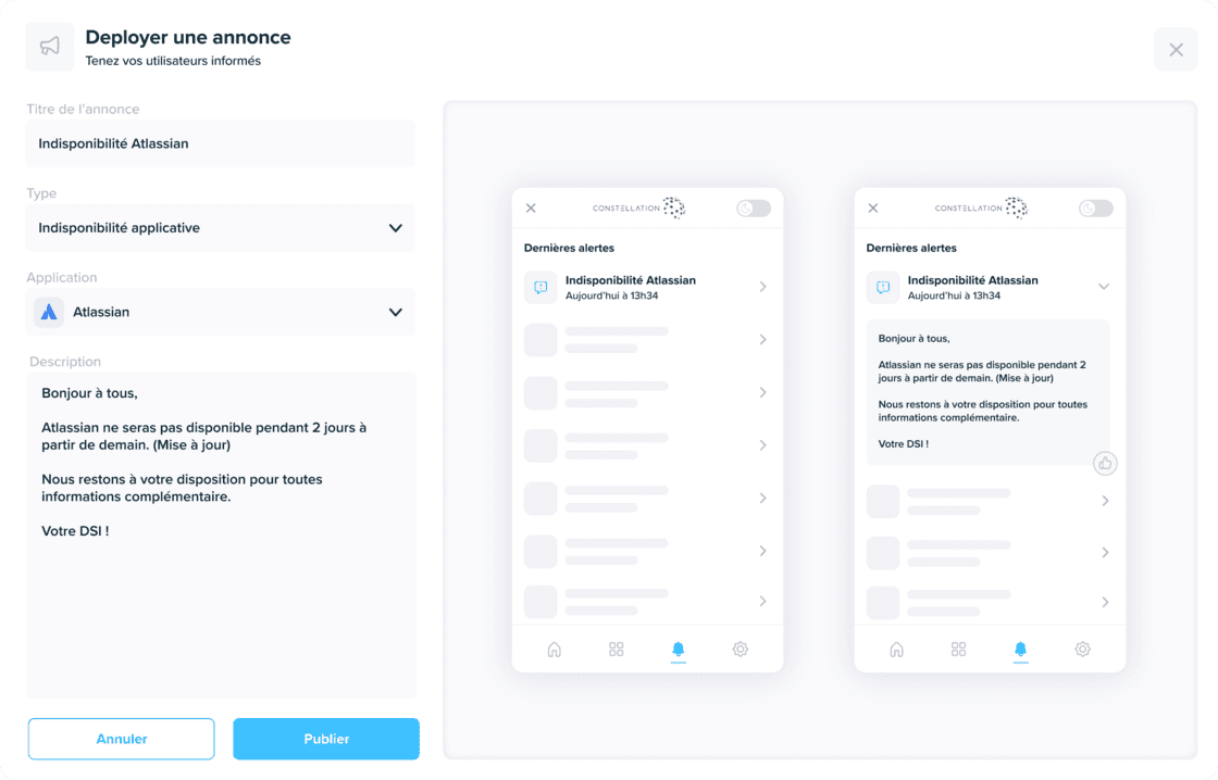Screen to configure user announcements in Kabeen